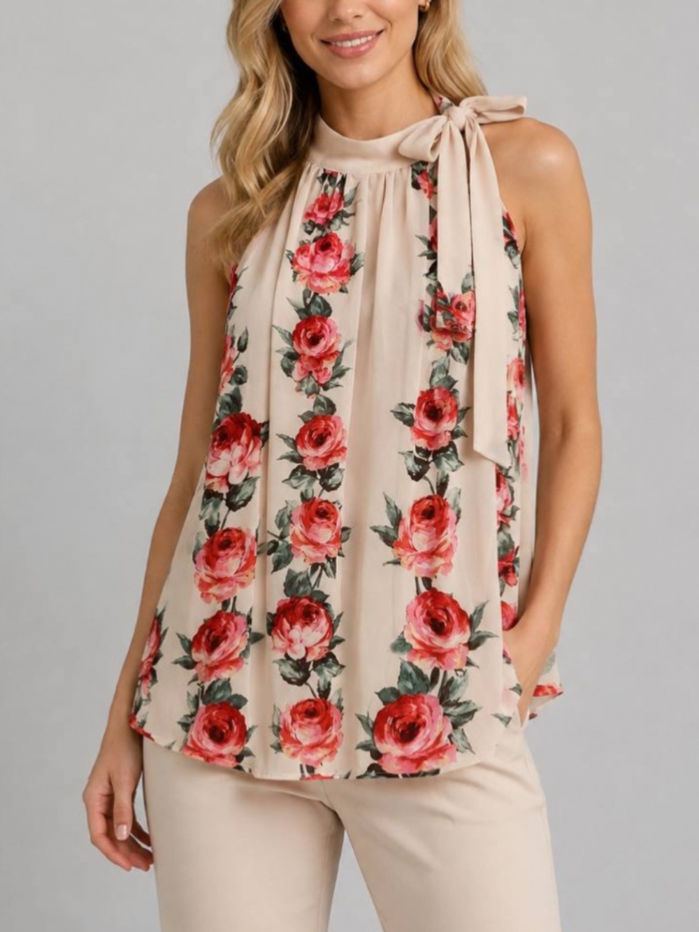 Vanessa Scott М 🇮🇹 Italy Top Rose Print Halter Neck Chic Bohemian Basic Art